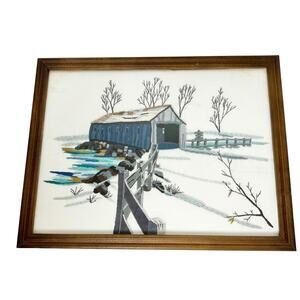 Vintage Embroidered Barn Landscape Snow Scene Wood Glass Framed 10 x 13